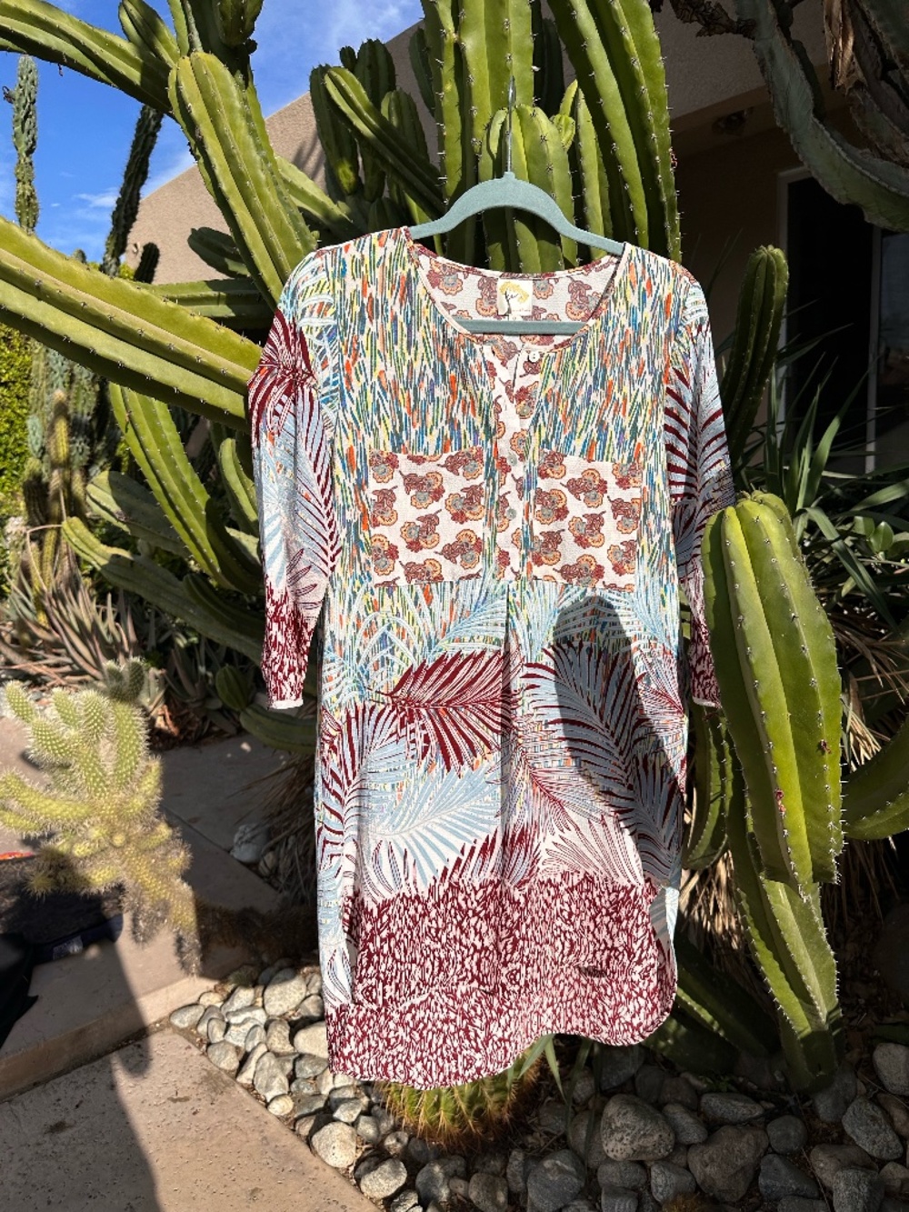 Fig & Flower Mixed Print Floral Palm Henley Tunic Blouse | Size S